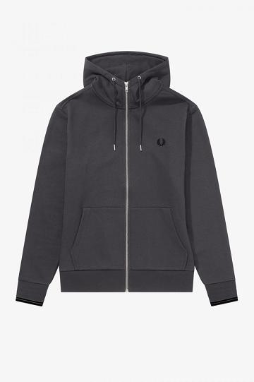 Black Fred Perry Hooded Zip Through Men's Sweatshirts | PH 1588FDNM